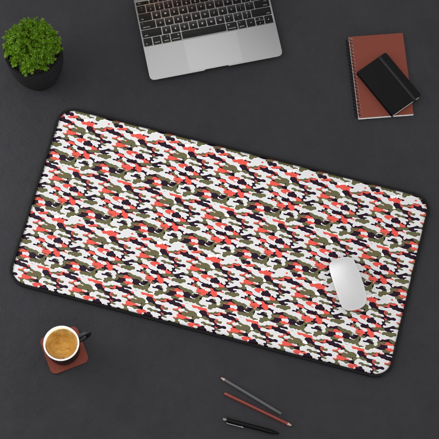 Artic Woodland Camo Desk Mat — Olive & Coral Gaming Mouse Pad