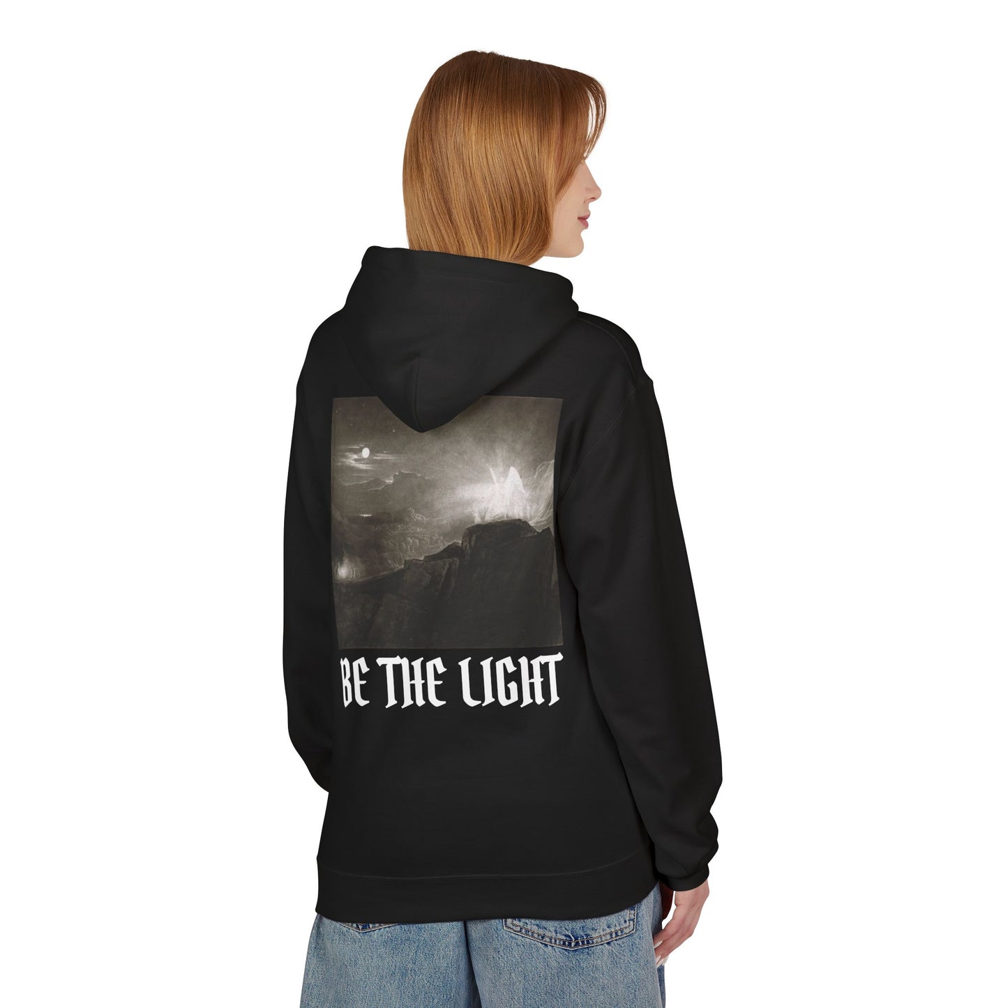Memento Mori Hoodie — 'BE THE LIGHT' Glowing Angel Back Graphic